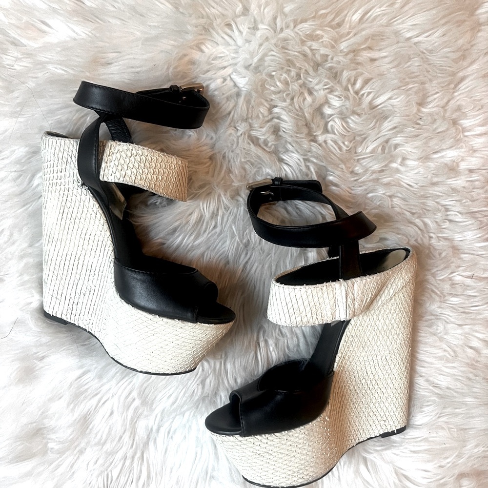 DSQUARED Snakeskin Leather Black Cream Wedge Sandals Platforms
